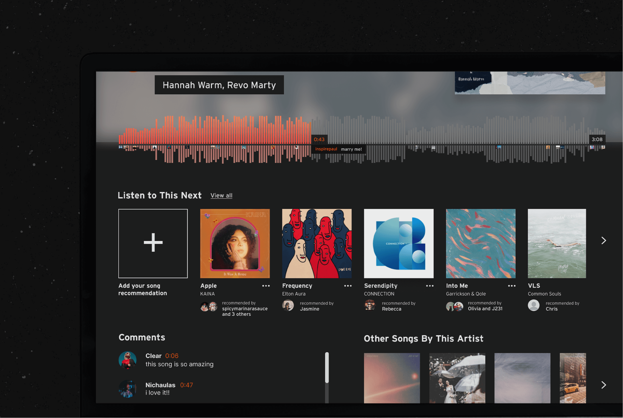  a close up view of reimagined SoundCloud website on a Macbook screen
